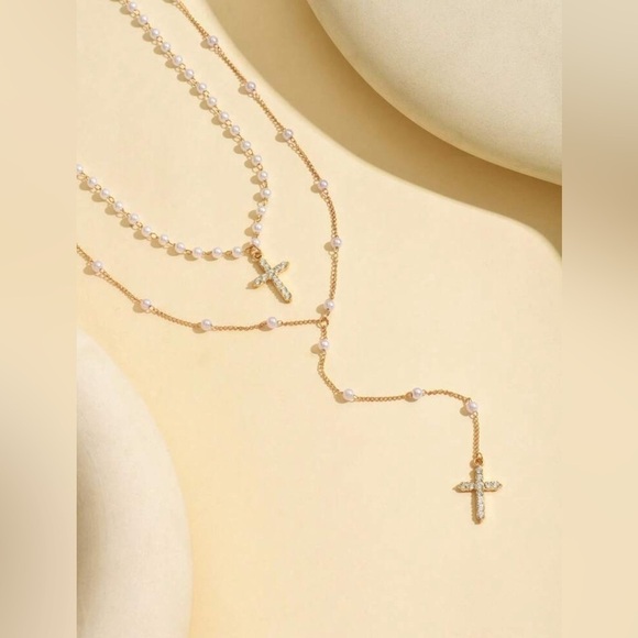 2 pc set handmade faux pearl/glass rhinestone cross pendant necklaces - Picture 4 of 5